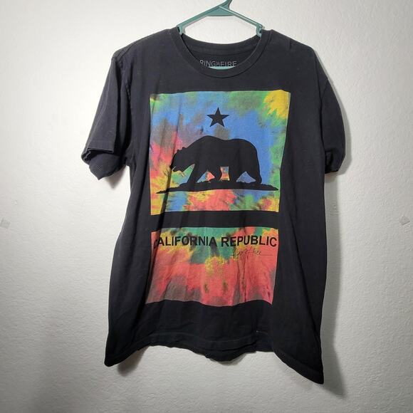 California State Republic Bear Logo Black TShirt Ring of Fire Mens LG Tye Dye - Picture 1 of 6